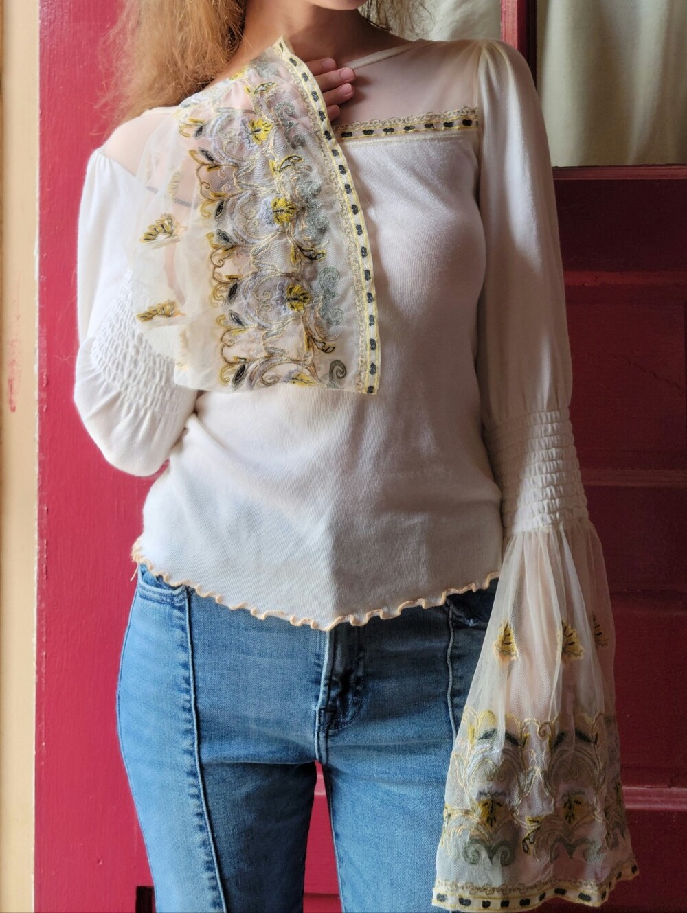Free People Embroidered Lace Sleeve Top (Size XS)